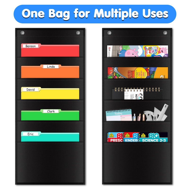 AUVCAS 5 Pocket Hanging Wall File Organizer, Storage Pocket Chart, Wall Mount/Over The Door File Organizer, Hanging File Folder Organizer for Classroom, Office and Home, Size: 28 x 14 inch, 2 Hangers - Image 4